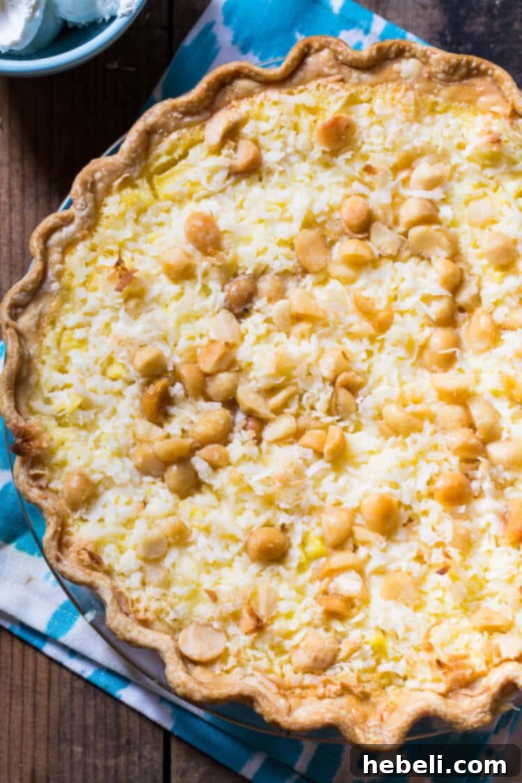 Close-up shot of a slice of Pineapple Coconut Macadamia Pie, showing the creamy filling, pineapple chunks, coconut shreds, and macadamia nuts within the golden crust.