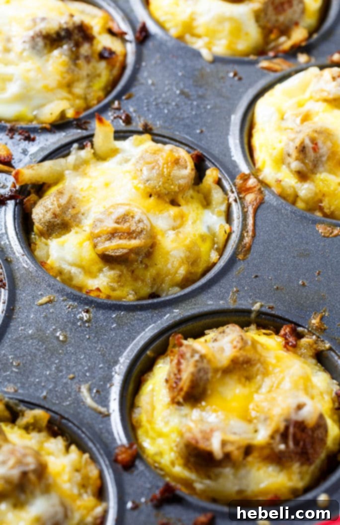 A close-up of the delicious filling of the hash brown muffins, showcasing the egg, sausage, and cheese