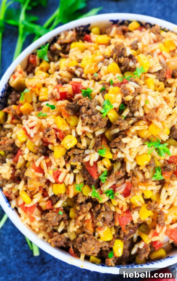 Chorizo Rice Fiesta 3 Close-up of Mexican Chorizo Rice with corn and Rotel tomatoes, showcasing its rich texture and colorful ingredients.