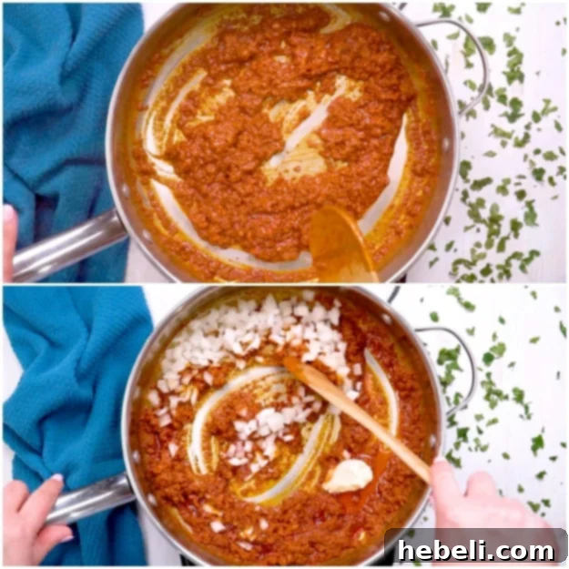 Chorizo Rice Fiesta 5 Cooking Mexican chorizo with onions and garlic in a pan, showing the browning process.