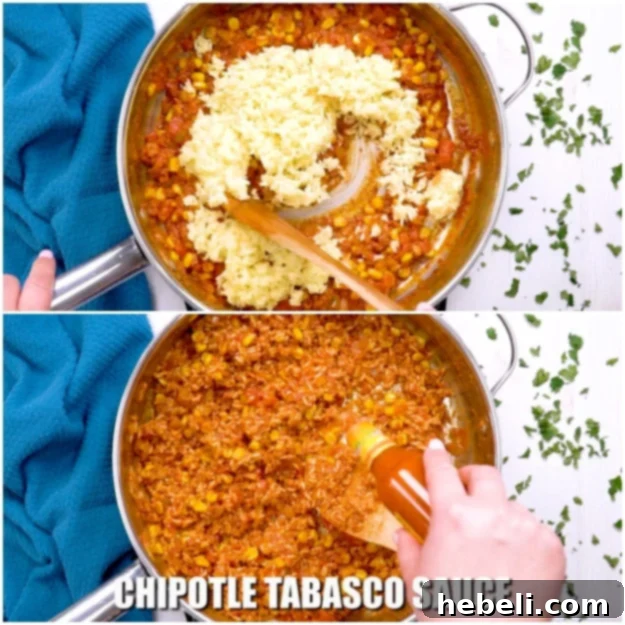 Chorizo Rice Fiesta 7 Stirring in cooked rice to the chorizo mixture and garnishing with hot sauce and fresh cilantro.