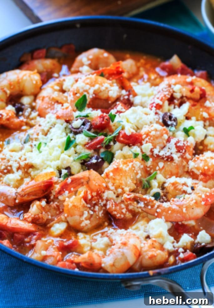 Mediterranean Feta Tomato Shrimp 5 A serving of Greek Shrimp with Tomatoes and Feta, garnished with fresh herbs and a drizzle of olive oil.