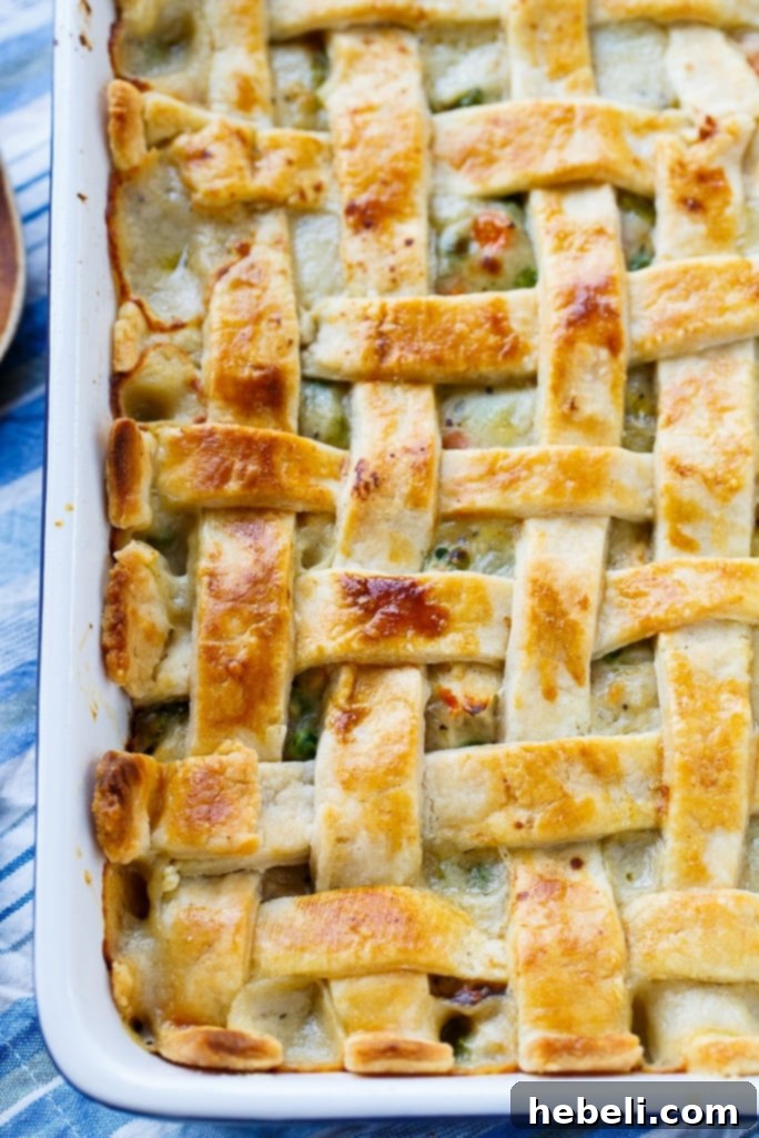 Delicious Homemade Chicken Pot Pie with a Golden Lattice Top, serving as the main dish