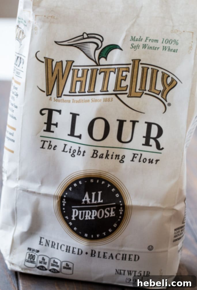 Bag of White Lily all-purpose flour on a kitchen counter, highlighting its importance for baking.