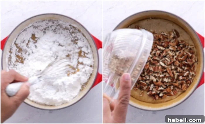 Stirring powdered sugar and pecans into frosting.