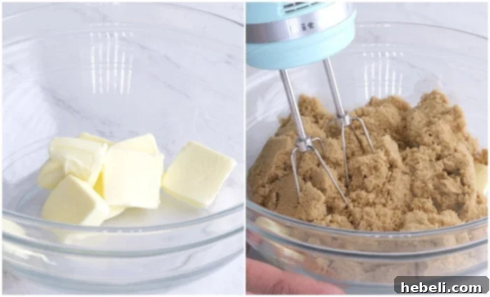 Creaming the butter and brown sugar.