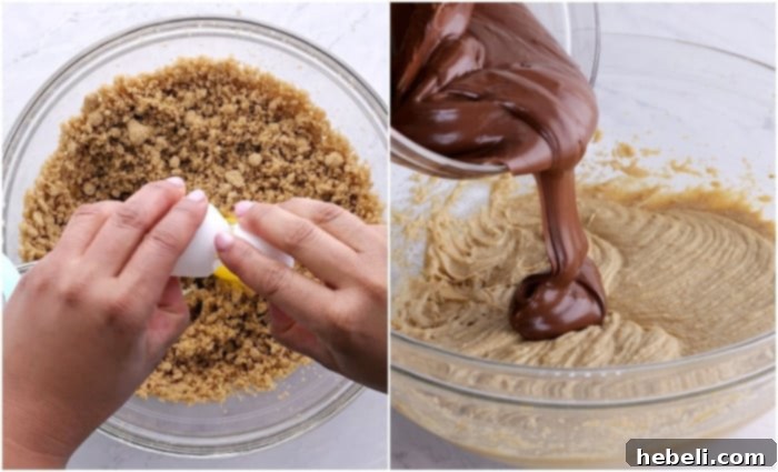 Adding eggs and chocolate.