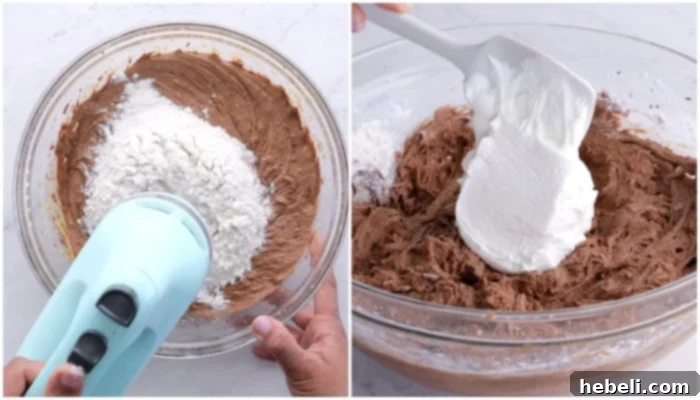 Mixing in flour and sour cream.