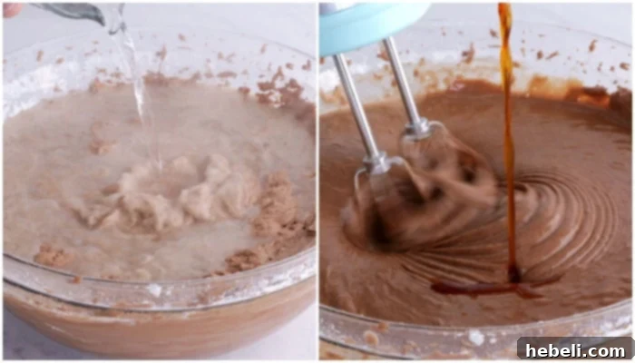 Adding water and vanilla extract.