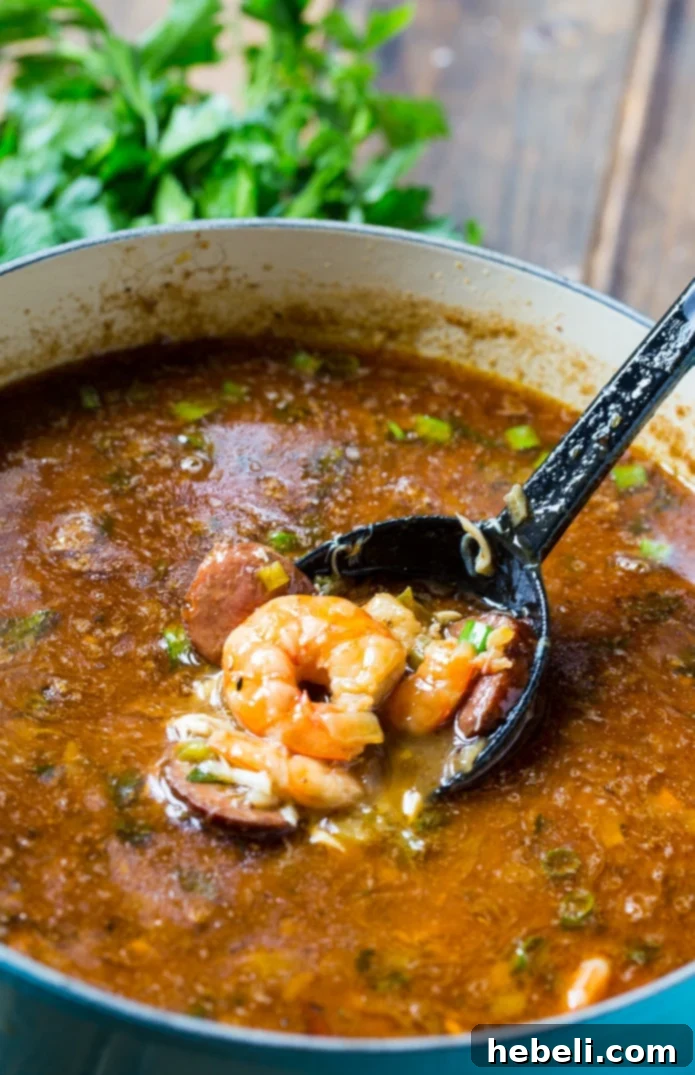 Close-up of Seafood Gumbo with plump shrimp and crab