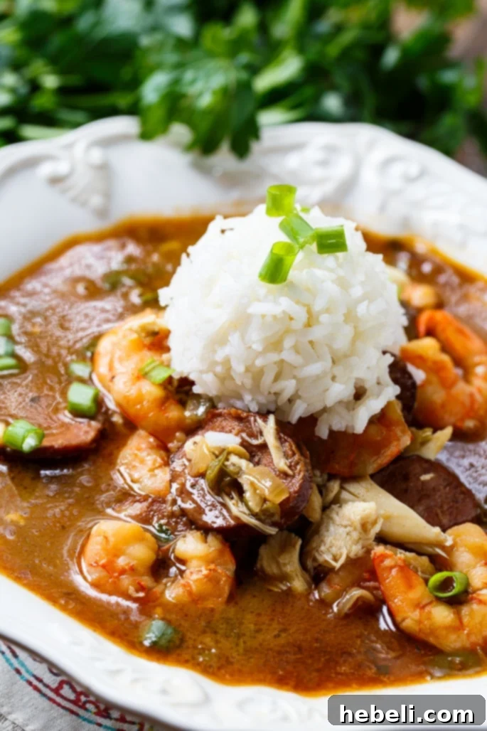 A bowl of delicious Seafood Gumbo, garnished with green onions and rice