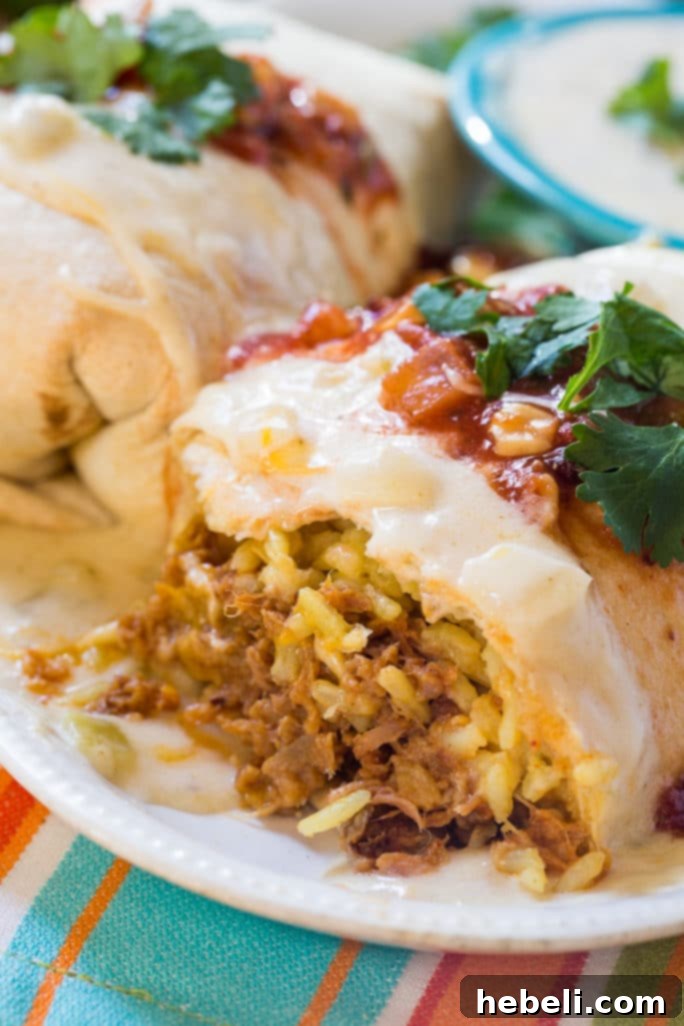 Delicious Pulled Pork Burritos with Cheesy Sour Cream Sauce ready to serve