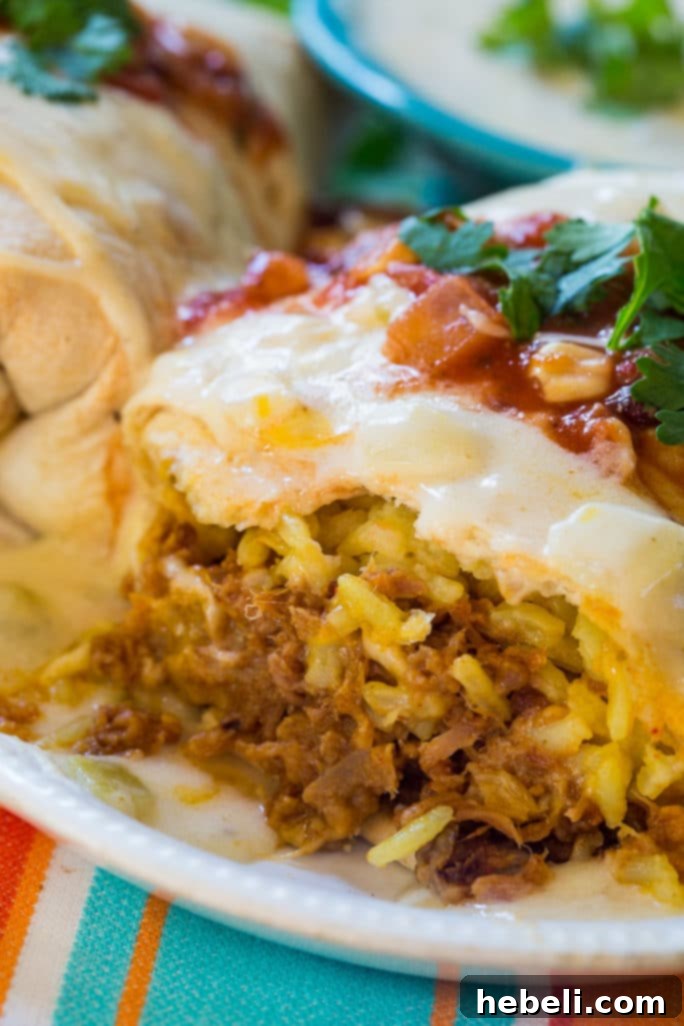 Close-up of a Pulled Pork Burrito, showing the delicious filling and crispy tortilla