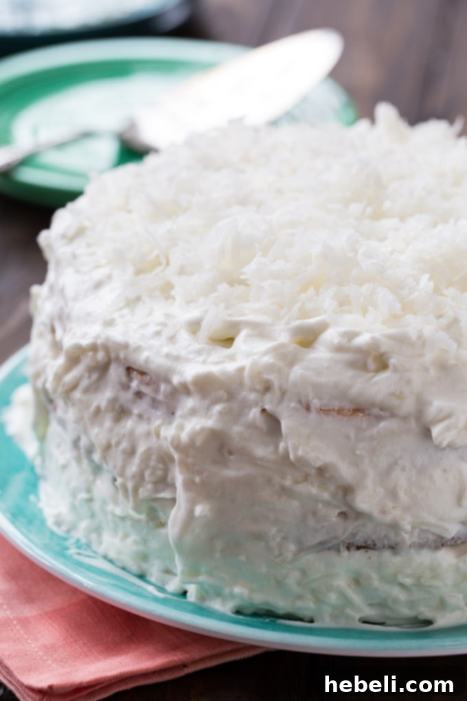 A stunning Coconut Celebration Cake, elegantly frosted and ready to be served, highlighting its rich texture.