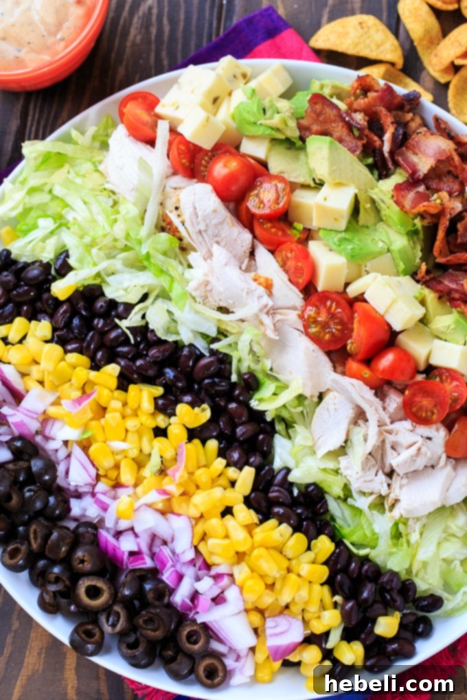 Close-up of Tex-Mex Cobb Salad featuring black beans, corn, avocado, bacon, chicken, and Frito corn chips