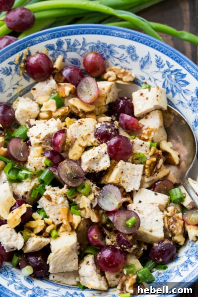 Chicken with Tangy Grape Vinaigrette 4 Serving of Chicken with Grapes and Mustard Vinaigrette in a bowl, ready to eat.
