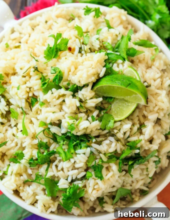 Close-up of fluffy Cilantro Lime Rice with a spoon, highlighting the texture and green flecks of cilantro.