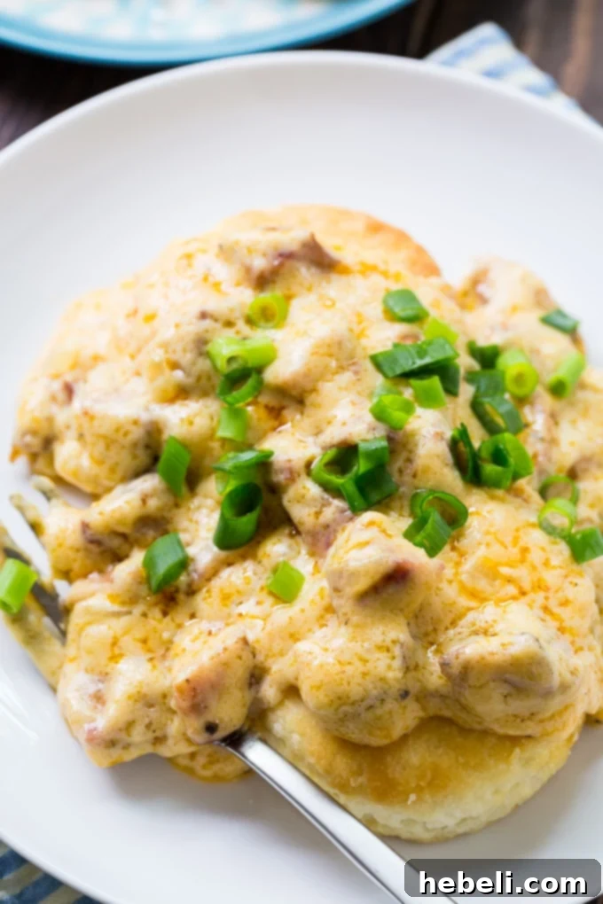 Cajun Andouille Gravy 3 Buttermilk biscuits generously covered with creamy Andouille Sausage Gravy on a white plate.
