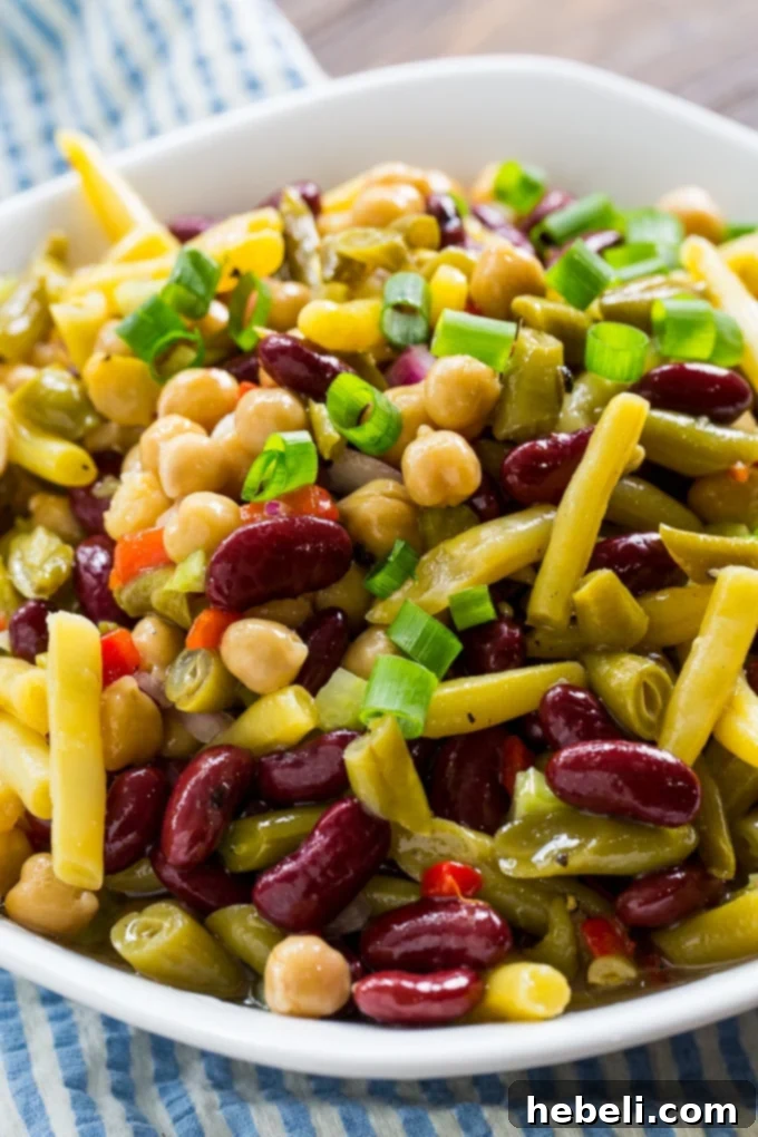 Zesty Bean Medley 4 Sweet and Tangy Four Bean Salad in a serving bowl, garnished with fresh herbs, ready for a meal
