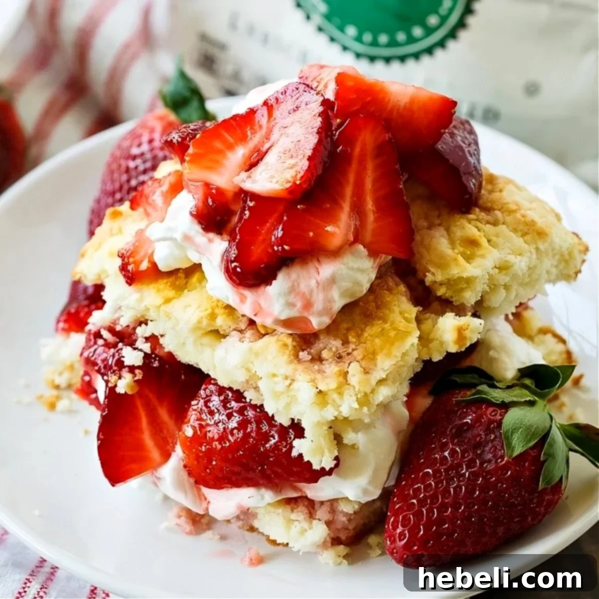 A beautifully plated Strawberry Shortcake on a small white plate, showcasing layers of biscuit, strawberries, and whipped cream.