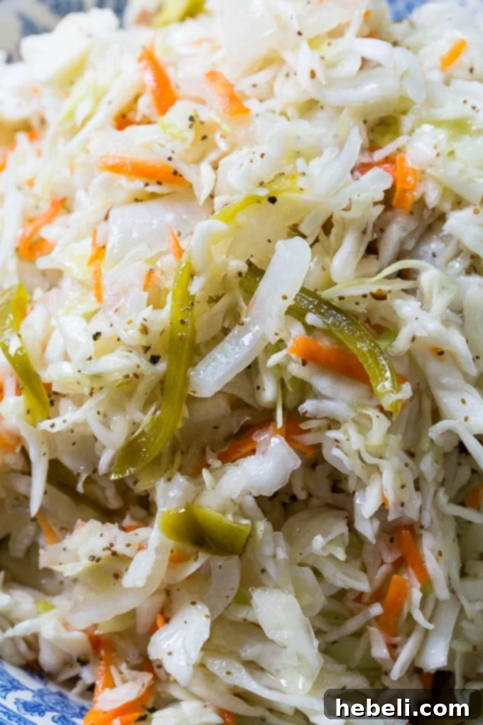Delightfully Sweet Vinegar Slaw 5 Finished Sweet Vinegar Coleslaw in a white serving bowl with a spoon.
