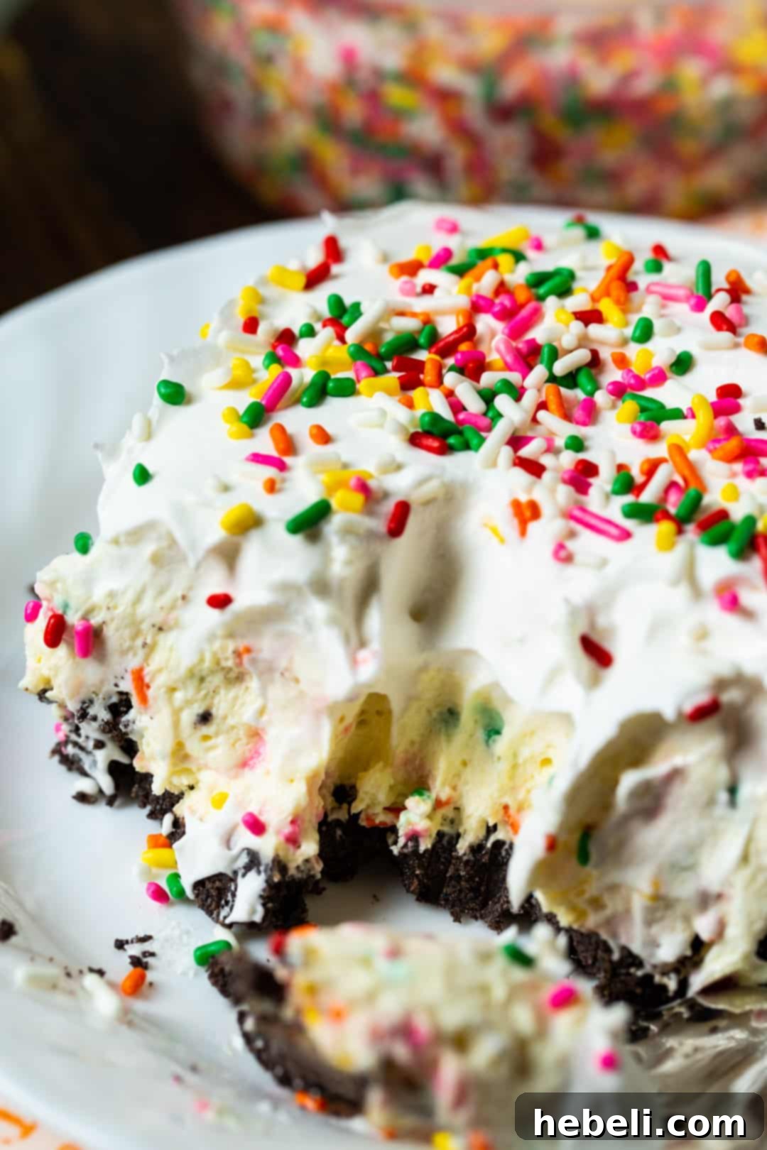 Birthday Wish Bath Bomb 4 A close-up of a Birthday Cake Lush slice on a white plate, highlighting the colorful sprinkles and creamy layers.