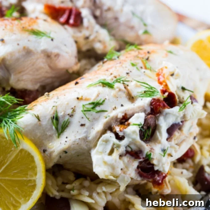 Delicious Greek Stuffed Chicken breast with creamy filling of feta, olives, sun-dried tomatoes, and dill.