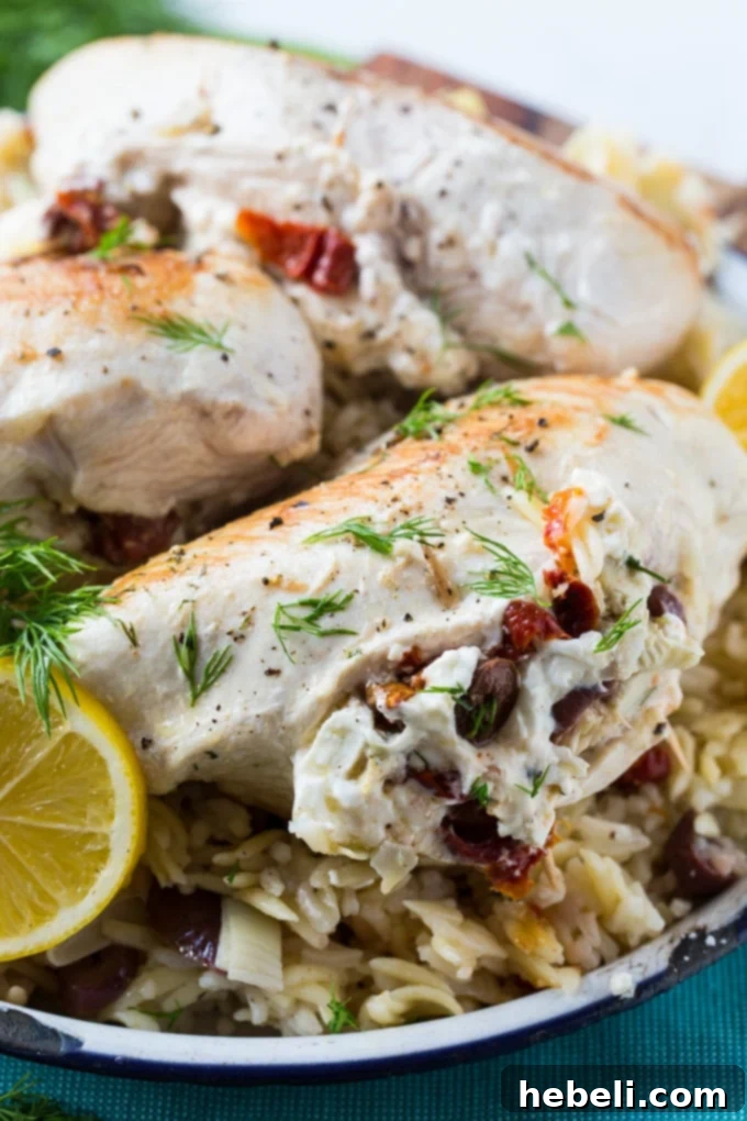 Finished Greek Stuffed Chicken, golden brown and perfectly cooked, ready to be served.