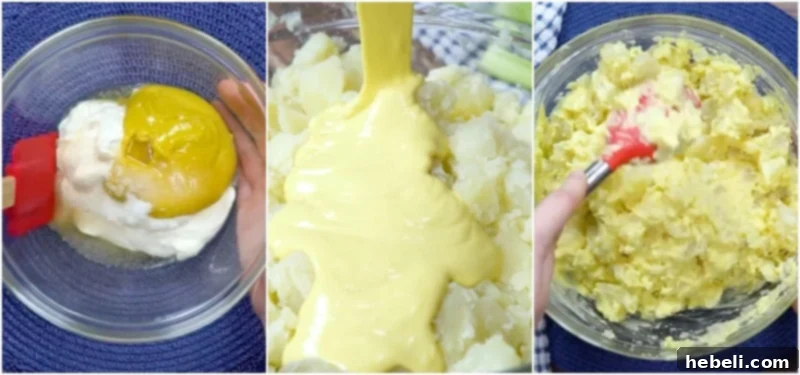 Classic Southern Potato Salad 8 Mixing dressing and adding to potatoes.