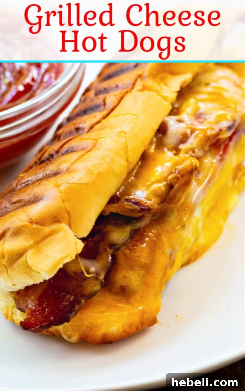 Cheesy Frank Melt 8 A beautifully presented Grilled Cheese Hot Dog, close-up.