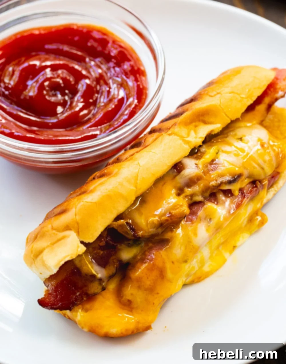 Cheesy Frank Melt 7 Grilled Cheese Hot Dogs on a plate with ketchup on the side.