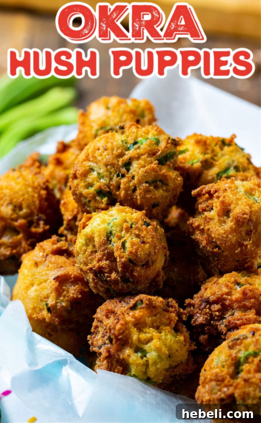 Southern Okra Hushpuppies 4 Close-up shot of golden, crispy Okra Hush Puppies arranged in a rustic woven basket, showcasing their texture.