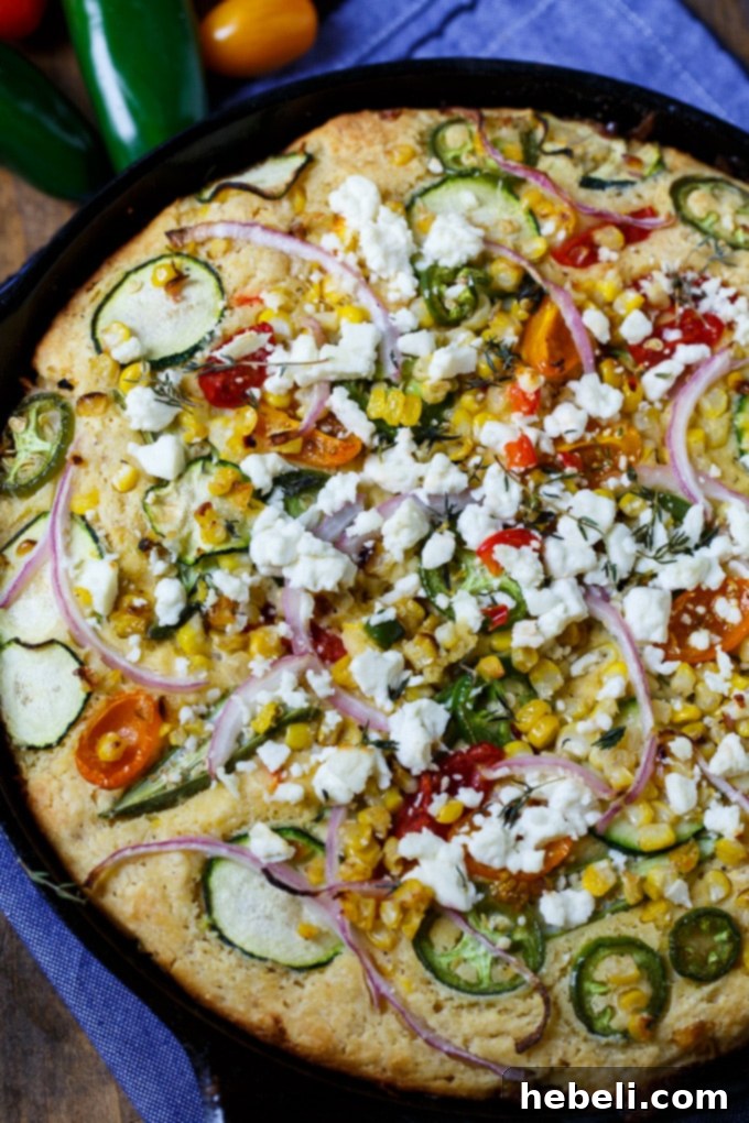 Close-up of Farmstand Cornbread slice, showing the crispy edge and moist interior with embedded corn and red bell pepper.