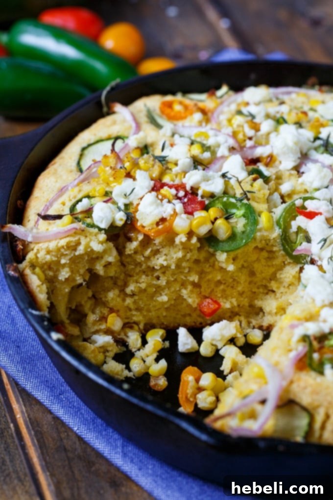 Close-up of a square of Farmstand Cornbread, showcasing the diverse vegetable toppings and golden-brown crust.