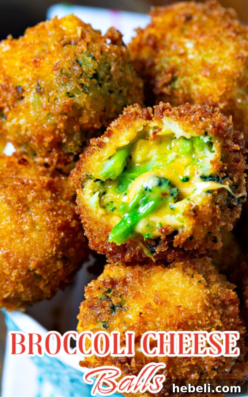 Fried Broccoli Cheese Balls. One has a bite bitten out showing inside, showcasing the melted cheese and broccoli.