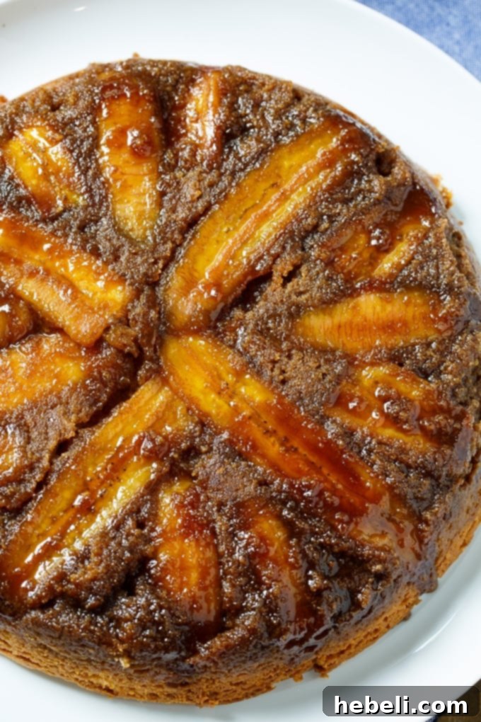 Close-up of Peanut Butter-Banana Upside Down Cake in a cast iron pan