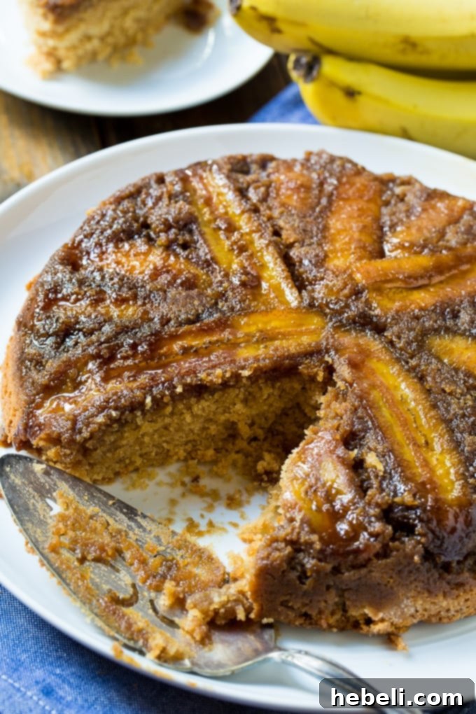 Peanut Butter-Banana Upside Down Cake on a serving plate