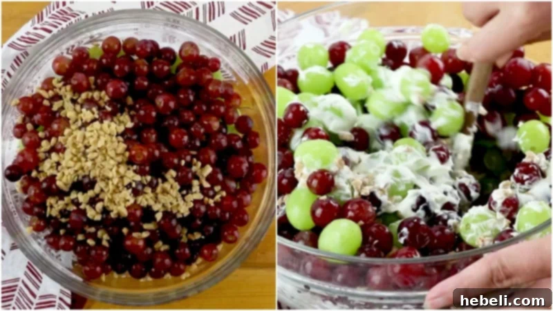 Incorporating toffee bits and gently mixing them into the grape salad.