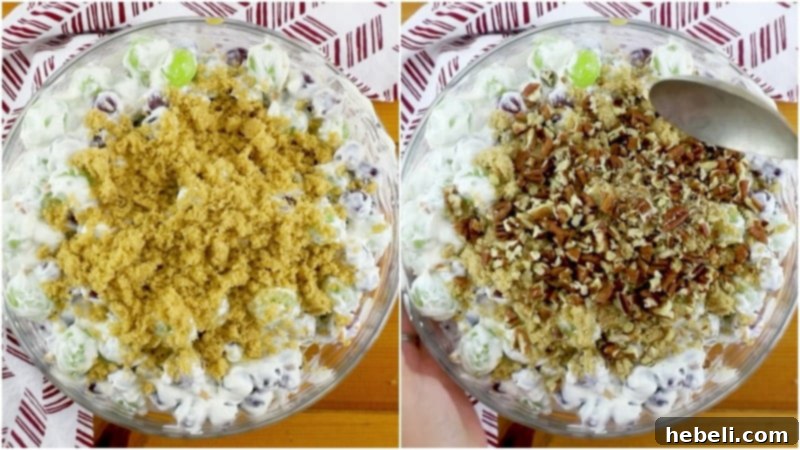 Sprinkling brown sugar and chopped pecans over the grape salad for a crunchy topping.