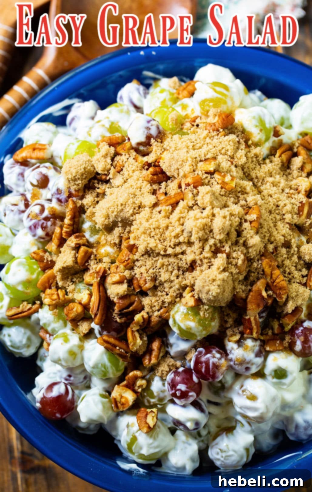 Easy Grape Salad in a decorative blue serving bowl, garnished and ready.
