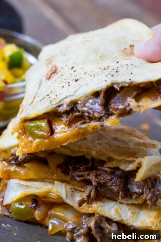 Zesty Beef Quesadillas 5 Spicy Short Rib Quesadillas with golden-brown tortillas and savory filling, ready to eat.