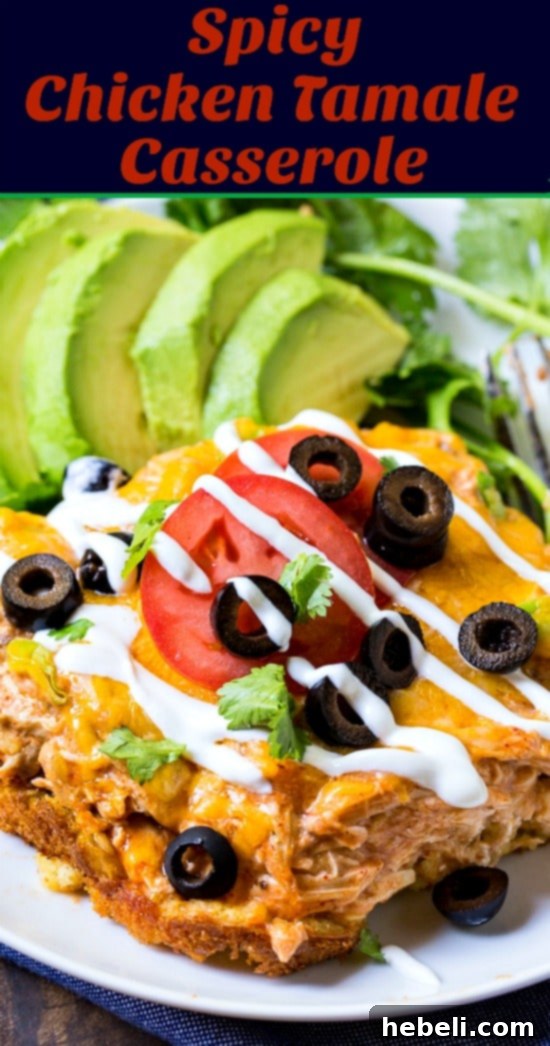 Close-up of the rich, cheesy interior of the Spicy Chicken Tamale Casserole, highlighting the tender chicken and cornbread.