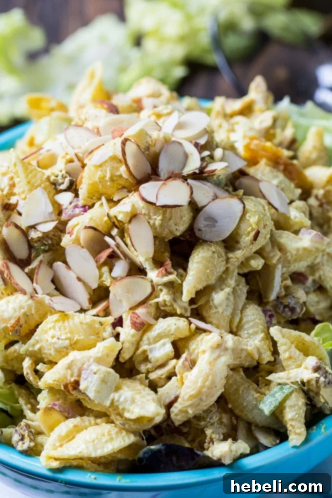 Close-up of Curry Chicken Pasta Salad in a serving bowl