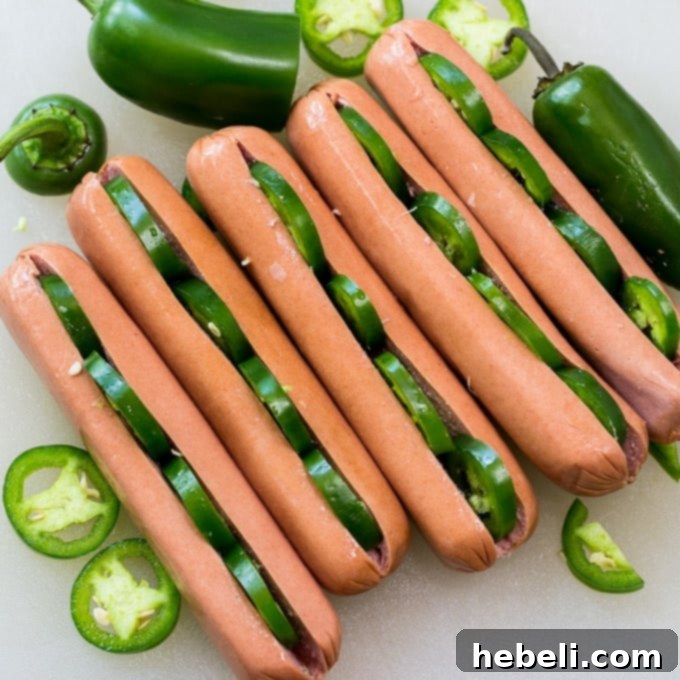 Fiery Jalapeno Franks 2 Jalapeno Stuffed Hot Dogs ready for the grill