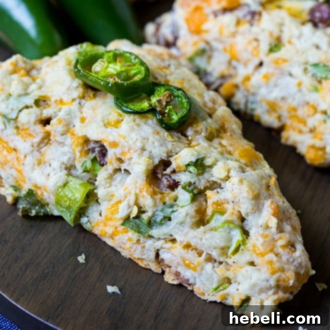 Savory Jalapeno Bacon Scones 2 Delicious Jalapeno Bacon Scones, fresh from the oven, showcasing melted cheese and crispy bacon bits.