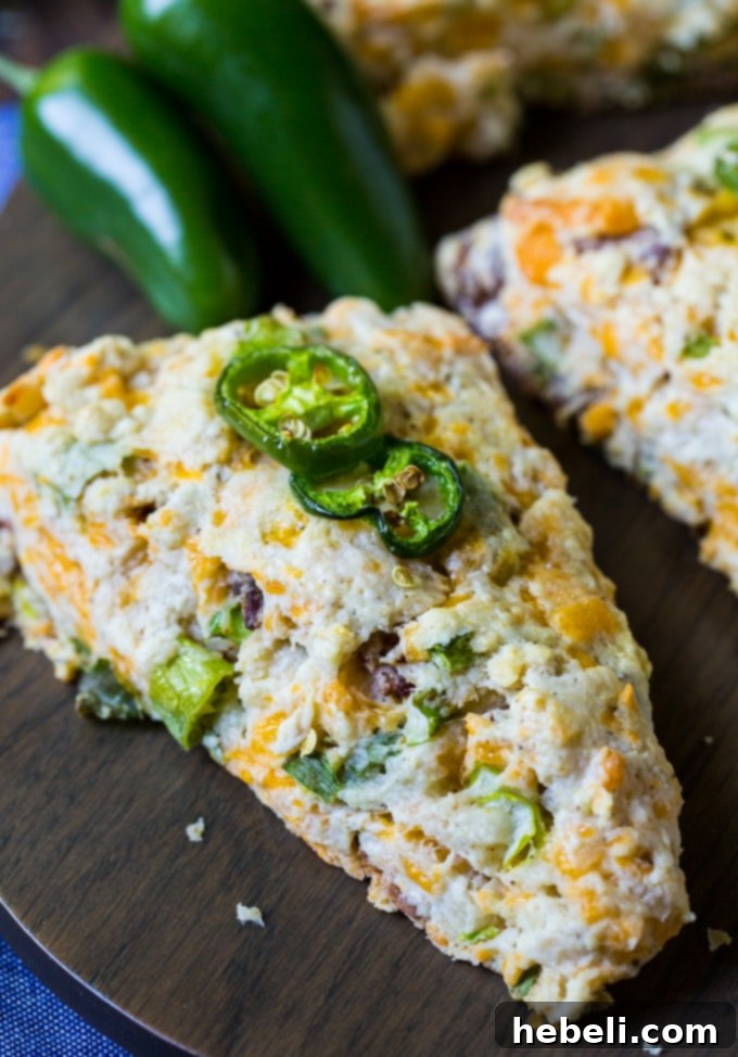Savory Jalapeno Bacon Scones 4 Close-up of Jalapeno Bacon Scones with melted cheddar cheese on top before baking.