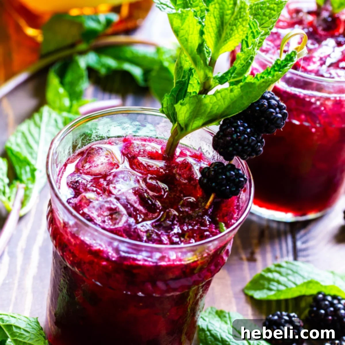 Blackberry Mint Julep Delights 2 Two Blackberry Mint Juleps in classic julep glasses, garnished with fresh mint sprigs and blackberries, set against a bright, summery background.
