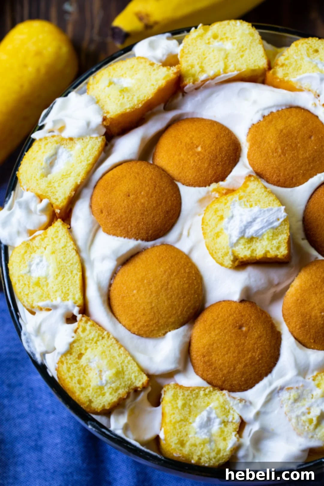 An overhead shot capturing the vibrant and inviting top layer of Twinkie Banana Pudding, ready to be served.