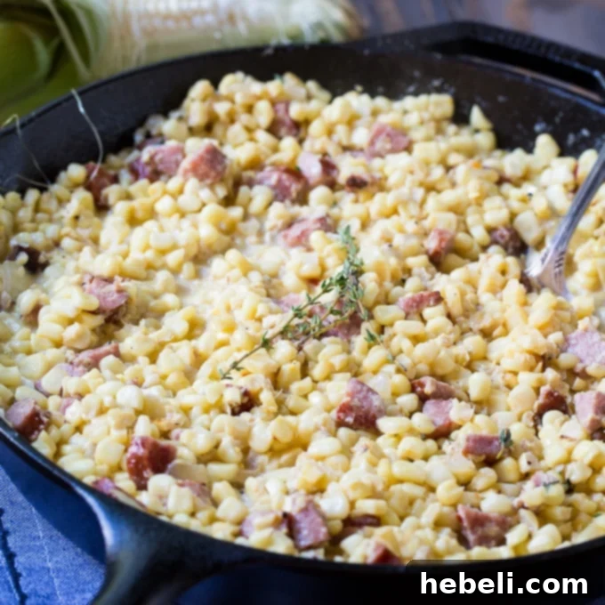 Creamed Corn with Smoked Sausage served in a rustic bowl