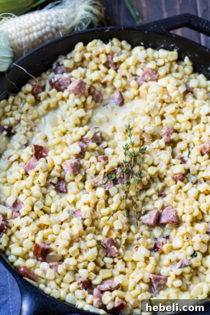 Close-up of Creamed Corn with Smoked Sausage, showcasing the creamy texture and corn kernels